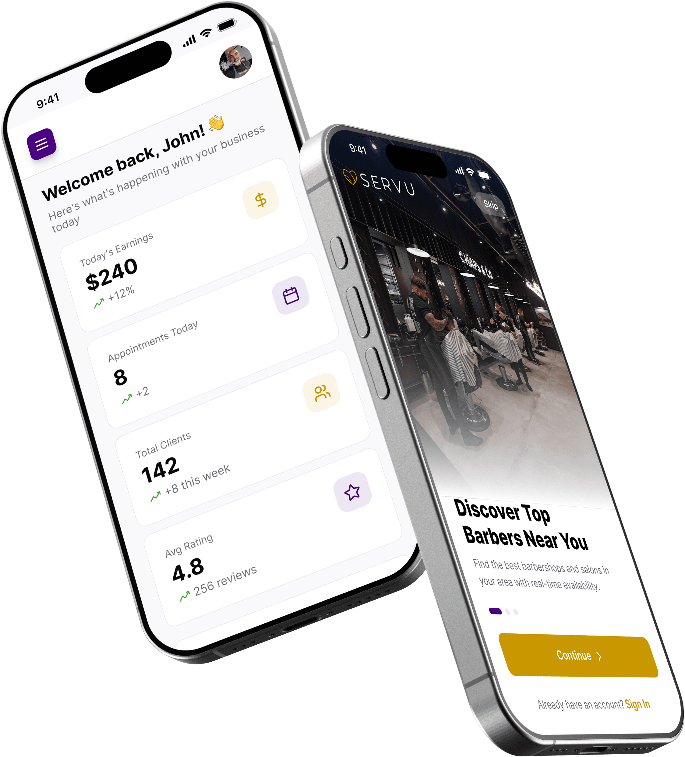 ServU app on two overlapping phone screens